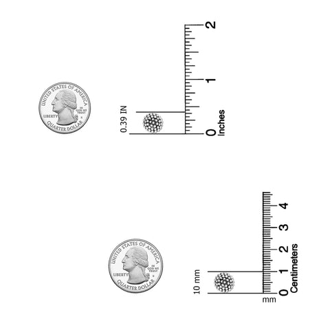 10mm Caviar Beaded Stud Earrings In 925 Sterling Silver, Oxidized Antique Ball Post For Women And Teens, Subtle Shine With Classic Jewelry Vibe Timeless Everyday Go To Sparkle Accessory With Hypoallergenic Comfort And Easy Wear, shown with coin and ruler scale