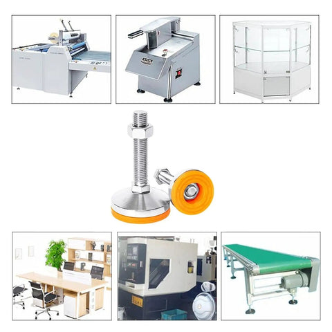 6 Pack Beefy Adjustable Leveling Feet For Furniture And Workbenches With Large Swivel Base Rock Solid Stability Up To 1000 Lbs Each No Wobble Anti Vibration Levelers For Tables Chairs Shelves And Industrial Equipment chrome adjustable leveling feet with orange swivel base, used under machines and workbenches