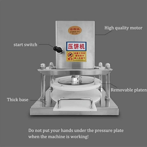 Killer Quality Electric Pizza Dough Presser And Pastry Roller Sheeter No Sweat Tortilla And Flatbread Maker For Home Kitchens Whisper Quiet Motor with thick base and removable platen.