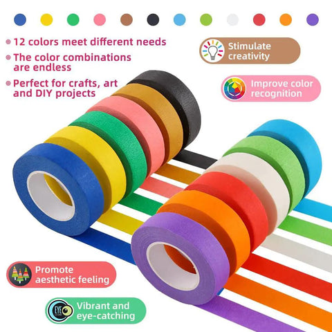 Rainbow Colored Masking Tape Set With 12 Vibrant Colors, Painter's Tape for Arts and Crafts, 0.6 Inch, multicolored rolls