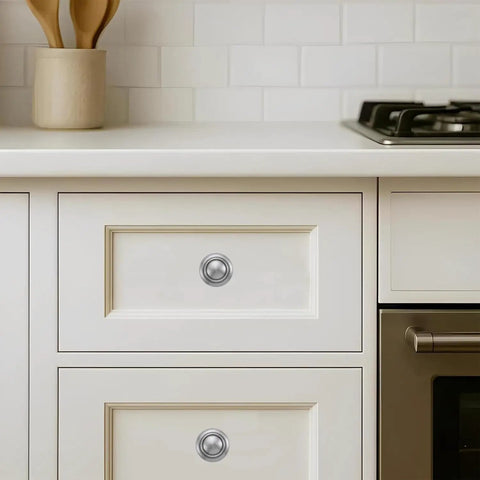 10 Pack Brushed Satin Nickel Cabinet Knobs Beefy Heavy Duty Bifold Closet Door Hardware installed on kitchen drawer
