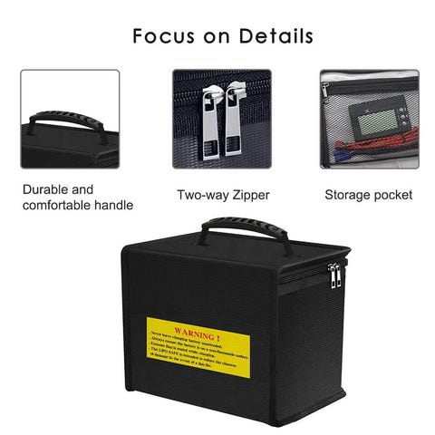 Heavy Duty LiPo Battery Storage Bag Fireproof And Explosionproof With Large Capacity Safe Pouch showing handle, zipper, and pocket.