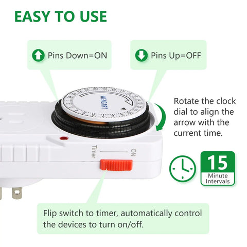 Straightforward Setup 24 Hour Mechanical Plug In Timer With Multiple On Off Cycles Heavy Duty 15 Amp Indoor Outlet Switch showing dial and settings.