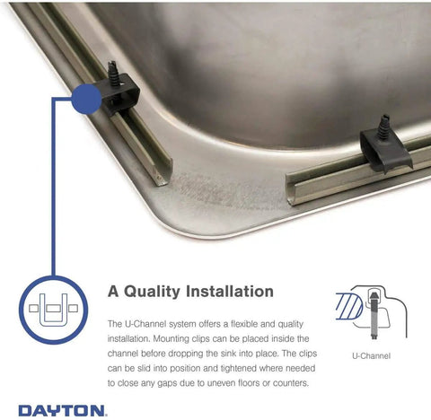Dayton 25 By 22 Inch Single Bowl Drop-In Stainless Steel Kitchen Sink corner with U-Channel installation detail