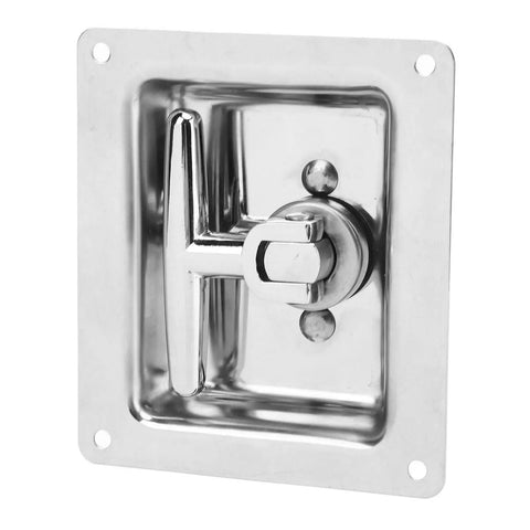 Foldable T Handle Latch Built Hella Tough For Truck Toolboxes And Camper Vans Rock Solid Stainless Polish latch close-up, shiny finish.