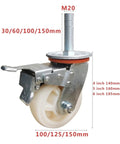 Heavy Duty 5 Inch Nylon Swivel Casters With Brakes And M20 Threaded Rod Mounts 4 Pack showcased with measurements for easy reference.