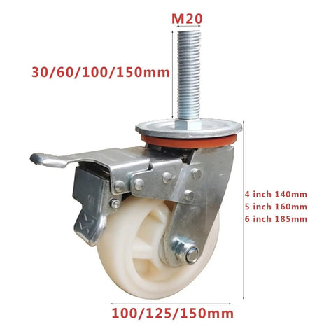 Heavy Duty 5 Inch Nylon Swivel Casters With Brakes And M20 Threaded Rod Mounts 4 Pack showcased with measurements for easy reference.