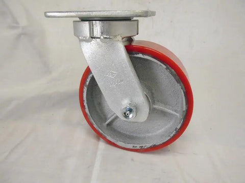 Six By Two Inch Kingpinless Casters Featuring Bombproof Polyurethane Treads Over Rugged Steel Cores Swivel And Rigid Four Pack side view of caster wheel with steel mounting plate