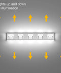 Five Light Modern LED Vanity Light Chrome Bathroom Fixtures With Acrylic Up And Down Wall Mounted Over Mirror Rotatable 360 Degree Heads For Bright Dope Home Makeover, showing light directions.