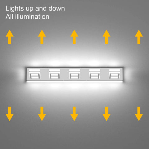 Five Light Modern LED Vanity Light Chrome Bathroom Fixtures With Acrylic Up And Down Wall Mounted Over Mirror Rotatable 360 Degree Heads For Bright Dope Home Makeover, showing light directions.