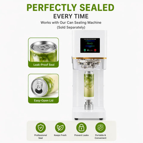 11oz PET Can Cups With Aluminum Lids, compatible with can sealer machine, illustrated with leak-proof seal and easy-open lid
