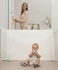 Retractable Baby Gate Mesh Barrier For Doorways And Stairs, 33-Inch Tall, Expands To 55-Inch Wide, white gate with baby and adult