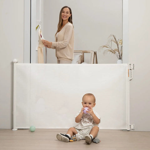 Retractable Baby Gate Mesh Barrier For Doorways And Stairs, 33-Inch Tall, Expands To 55-Inch Wide, white gate with baby and adult