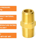 Image of a single brass pipe fitting from the Beefy Brass Pipe Fitting Set Ten Pack Three Eighths Inch Male To Three Eighths Inch Male Hex Nipples.