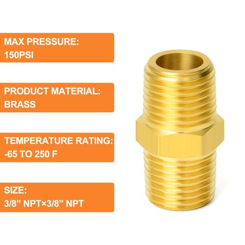 Image of a single brass pipe fitting from the Beefy Brass Pipe Fitting Set Ten Pack Three Eighths Inch Male To Three Eighths Inch Male Hex Nipples.
