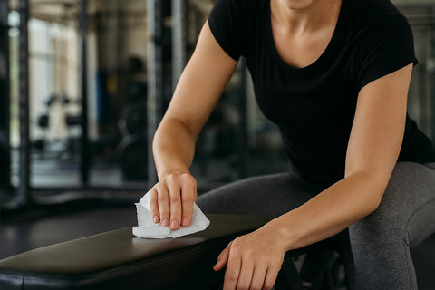 Person using EPA Registered Antibacterial Wipes For Surfaces And Equipment That Kill 99.9 Percent Of Germs In 15 Seconds, Effective Against H1N1 MRSA Flu Strep E Coli Salmonella HIV 1 VISA VRE, 3,200 Count, 4 Rolls on a gym bench