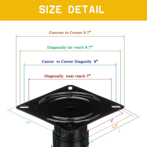 Adjustable Boat Seat Pedestal 11.5 to 17.5 Inches, Black Powder Coat, Non-Rotating Mount Built for Custom Height Seating, Works With Standard Seat Swivels for 360 Degree Rotation, Durable Marine Hardware base size detail