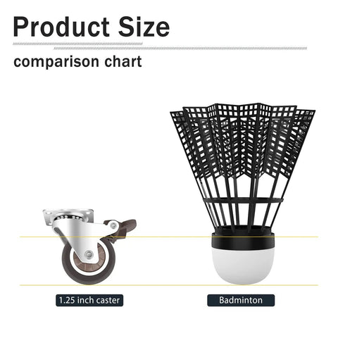 Product size comparison of Smooth Riding Low Profile Rubber Casters and badminton shuttlecock, highlighting 1.25 inch caster.