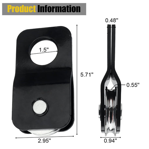 Beefy Heavy Duty Winch Snatch Block Tow Pulley For Off Road Recovery Up To Eight Thousand Pounds Four Ton Capacity Fits One Quarter Inch To Five Sixteenths Inch Winch Cable Ready For Towing And Hauling, black steel pulley, 5.71 in