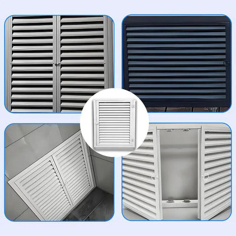 Super Large Aluminum Louvered Access Panel 47 By 45 Inches shown in various angles with white finish for plumbing and airflow.