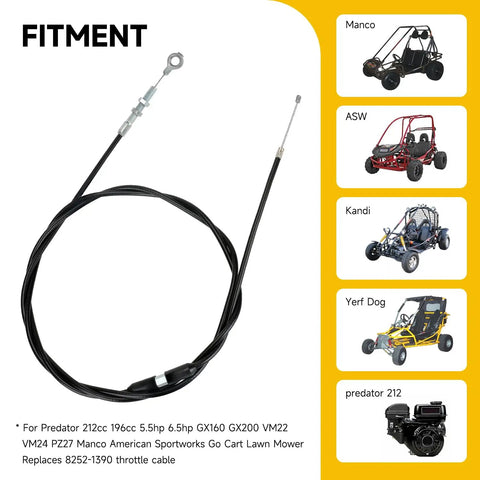 Go Cart Throttle Cable Kit 75 Inch For Predator 212cc 196cc VM22 VM24 GX160 GX200 engines with pedal return springs displayed.