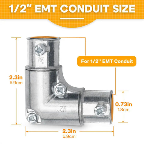 Close-up of Half Inch EMT To EMT 90 Degree Inside Corner Pulling Elbows Set Screw Fittings Die Cast Zinc, dimensional view, 1/2 inch size