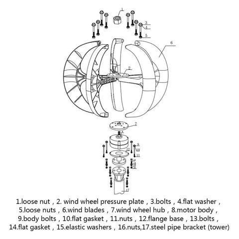 Vertical Axis Wind Turbine Generator Kit 200 Watt 24 Volt parts diagram showing components and assembly details for off grid setup.