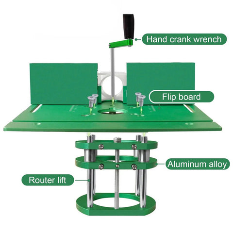 Dead Nuts Accurate Router Table Lift System With Slick Insert Plate For Woodworking Engraving Slotting And Trimming Rigs No Sweat Aluminum Base Pro Rig Setup showing hand crank and router lift.