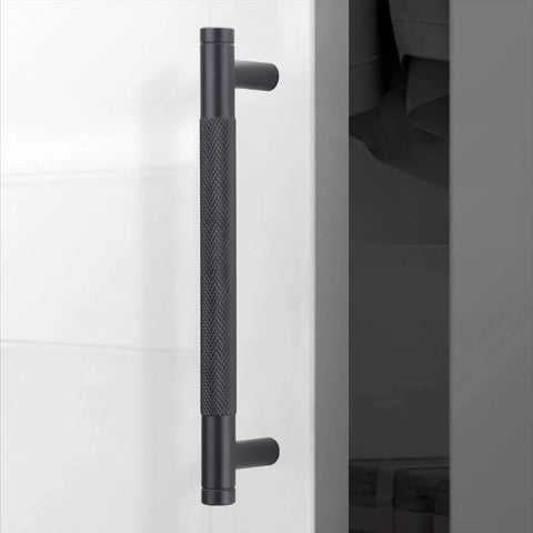 Side view of 10 Pack 5 Inch Matte Black Kitchen Cabinet Handles Knurled Cabinet Pulls for Cabinets and Drawers installed on a white door