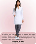 Woman wearing Womens Slim Fit Premium Lab Coat For Real Shifts With Tailored Princess Seams Contouring Darts Notched V Neck 33 Inch Length Back Vent Three Pockets OEKO-TEX Certified Fabric Size Large.