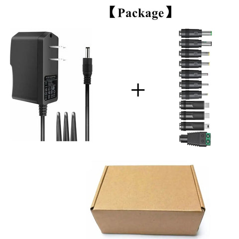 5V 2A Wall Power Adapter With 11 Interchangeable DC Tips 5.5mm X 2.1mm Plug shown with packaging