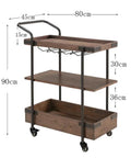 No Sweat Solid Three Tier Industrial Storage Serving Cart With Smooth Rollers, vintage brown wood and metal, detailed dimensions.