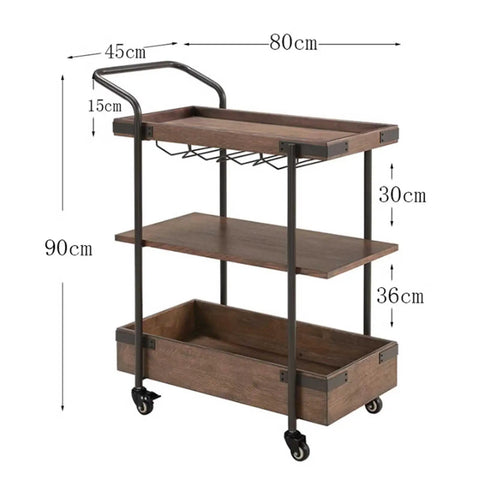 No Sweat Solid Three Tier Industrial Storage Serving Cart With Smooth Rollers, vintage brown wood and metal, detailed dimensions.