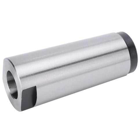 Steel MT5-MT3 taper drill sleeve; silver cylindrical reducing adapter with black end ring