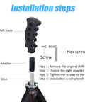 Installation steps for Premium Wood Grain Gear Shift Knob for Manual and Automatic Vehicles featuring Boss Slick Grip Handle.