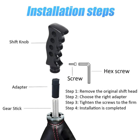 Installation steps for Premium Wood Grain Gear Shift Knob for Manual and Automatic Vehicles featuring Boss Slick Grip Handle.