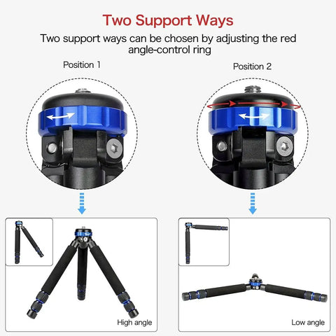 Built Different Mini Tripod Lightweight Aluminum Construction With Quarter And Half Inch Threads, showing adjustable support positions.