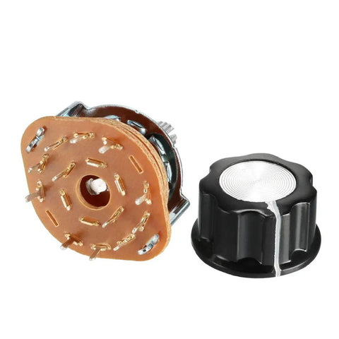 Beefy 2 Pole 5 Position Rotary Switch with 6mm shaft and 9mm thread, single deck, and black plastic knob for channel switching.