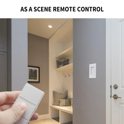 Hand holding 800 Series Z Wave Scene Controller With Four Buttons, Z Wave Plus Wall Switch Remote in a living room setting