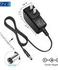 Versatile 9V Guitar Pedal Power Supply Adapter with Stable 0.5A DC Output and 2.1x5.5mm Center Negative Plug, dimensions shown