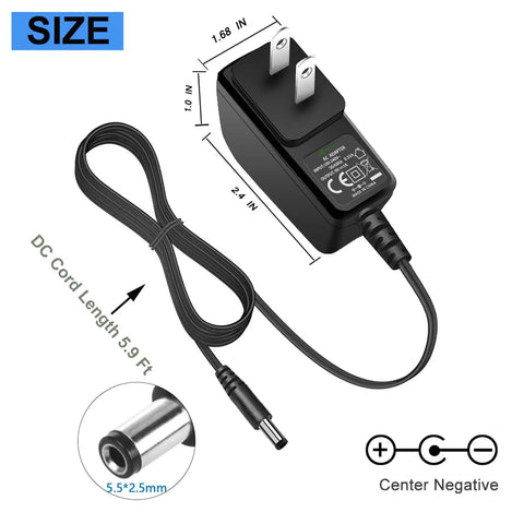 Versatile 9V Guitar Pedal Power Supply Adapter with Stable 0.5A DC Output and 2.1x5.5mm Center Negative Plug, dimensions shown