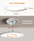 12 Inch Flush Mount Motion Sensor LED Ceiling Light With Remote Dimmable 3000K 4000K 5000K 2400 Lumen 360 Degree Sensor Ideal For Closet Hallway Laundry Stairs White, illustrating ultra-thin design and hard-wired installation details.