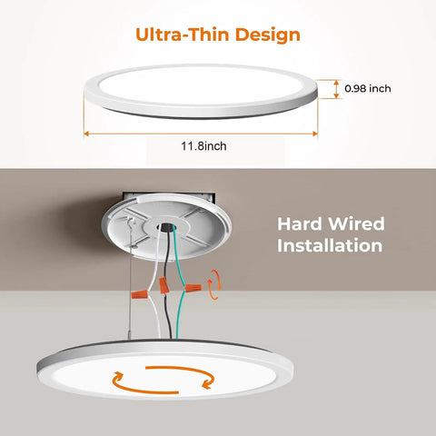 12 Inch Flush Mount Motion Sensor LED Ceiling Light With Remote Dimmable 3000K 4000K 5000K 2400 Lumen 360 Degree Sensor Ideal For Closet Hallway Laundry Stairs White, illustrating ultra-thin design and hard-wired installation details.