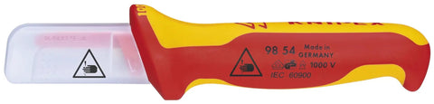 1,000V Insulated Cable Knife With Solid Fixed Blade, Plastic Coated Back To Prevent Short Circuits, Slip Guard Handle, Transparent Cap, Red Color For Pro Grade Electrician Must Have