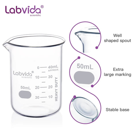 Six Pack 50Ml Thick Glass Beaker Set With 3.3 Boro Borosilicate Griffin Low Form Double Scale Graduation Marks, well shaped spout
