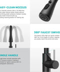 Slick Matte Black Kitchen Faucet With Pull Down Spray And Smooth Single Handle Control showcasing easy-clean nozzles and 360° swivel.