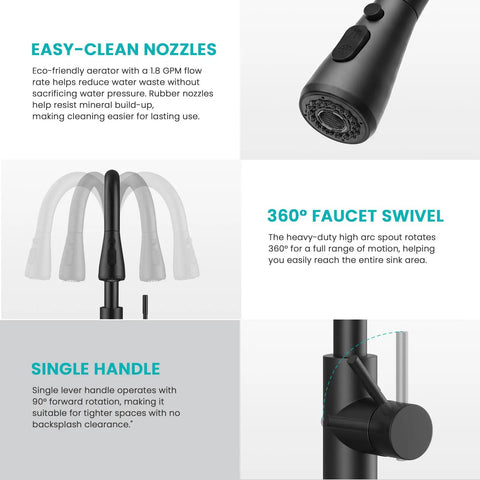 Slick Matte Black Kitchen Faucet With Pull Down Spray And Smooth Single Handle Control showcasing easy-clean nozzles and 360° swivel.