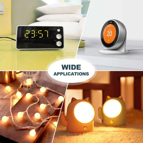 Adjustable AA Battery Power Supply Adapter for 2, 3, or 4 AAs, powers LED lights and devices like clocks and night lights, wide applications.