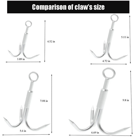 Heavy Duty 3 Claw Stainless Grappling Hook For Retrieval And Climbing Outdoor Gear, showing small, medium, large size comparison.