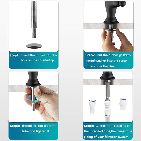 Instruction steps for installing the Top Shelf Stainless Steel Drinking Water Faucet For Under Sink Water Filter System Featuring Smooth Flow Non Air Gap RO Design Oil Rubbed Bronze Finish.